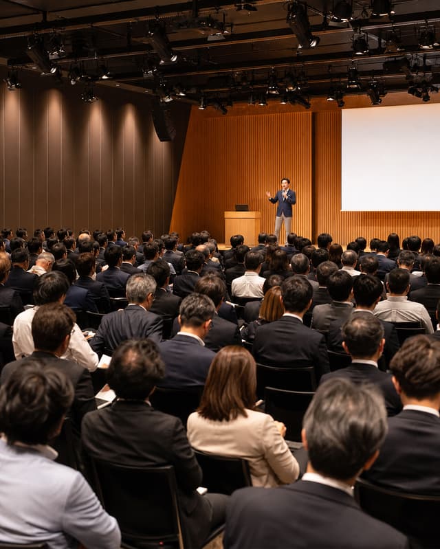 多くの経営者が参加する講演会の様子（生成イメージ）