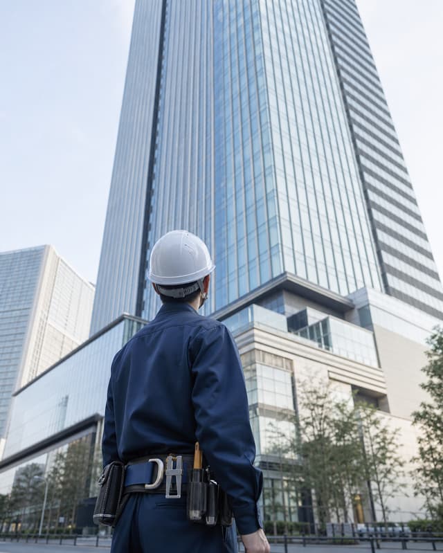 高層ビルを見上げる電気工事の作業員（生成イメージ）