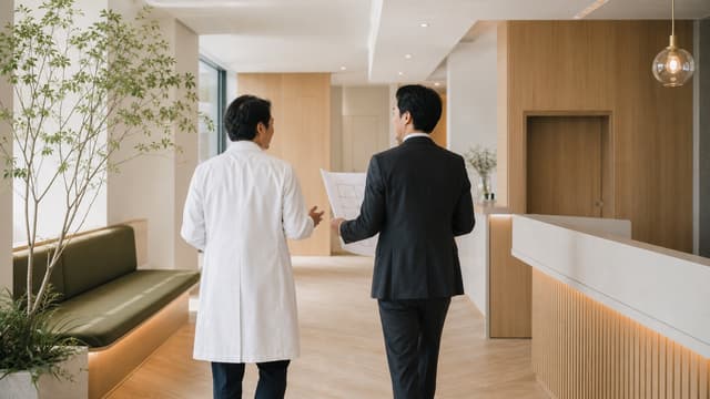 クリニック内を確認する医師と開業支援者（生成イメージ）