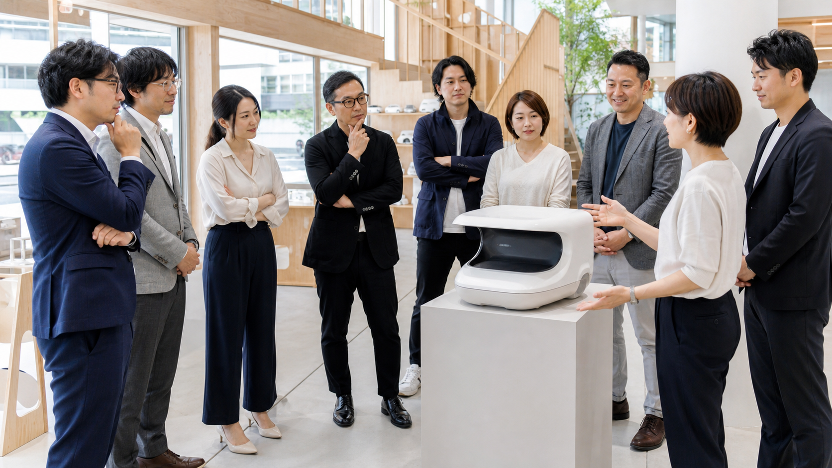 プロダクトを囲み事業協業を検討する経営者たち(生成イメージ)