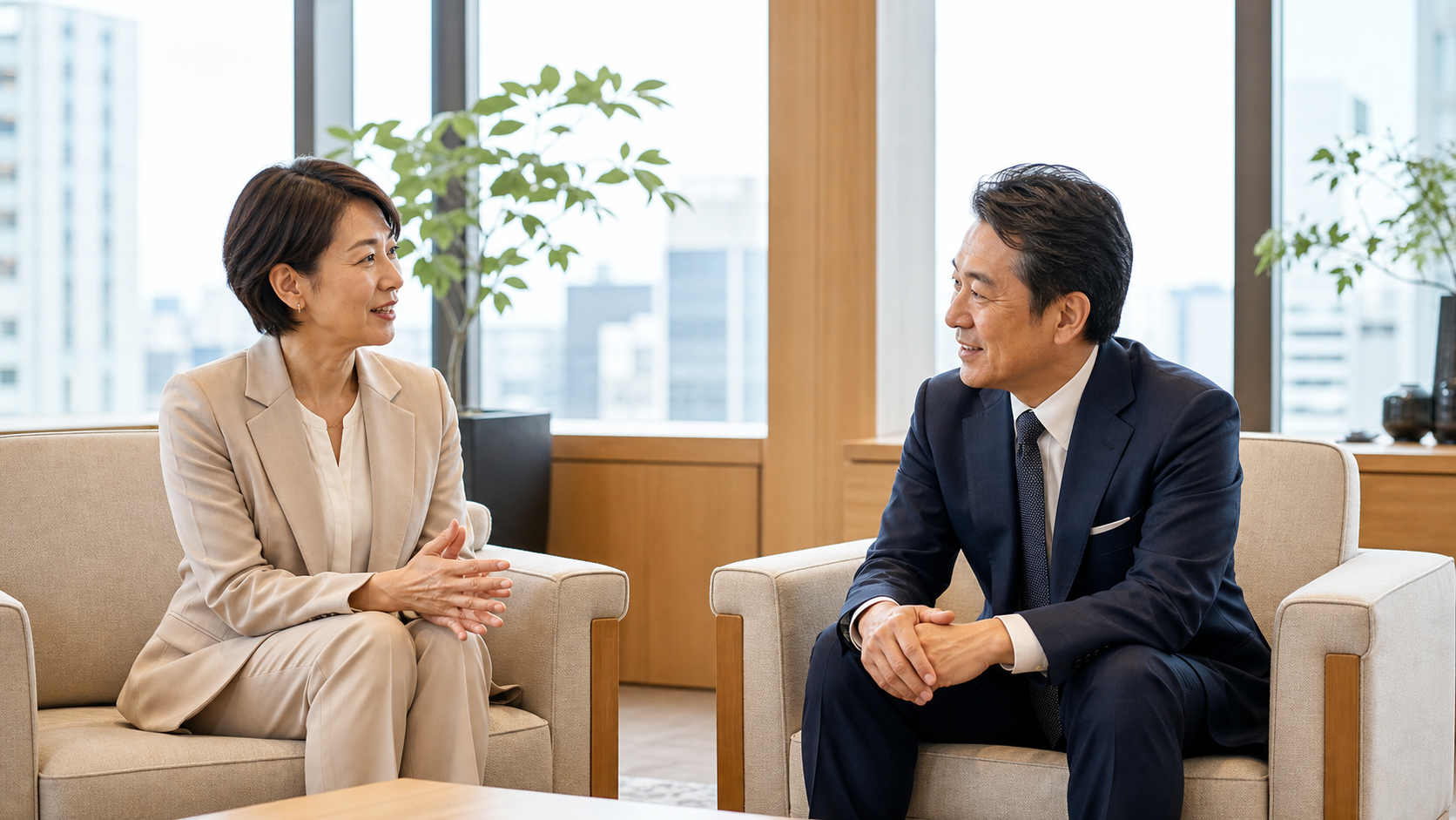 明るいラウンジで率直に対話する二人の経営者(生成イメージ)