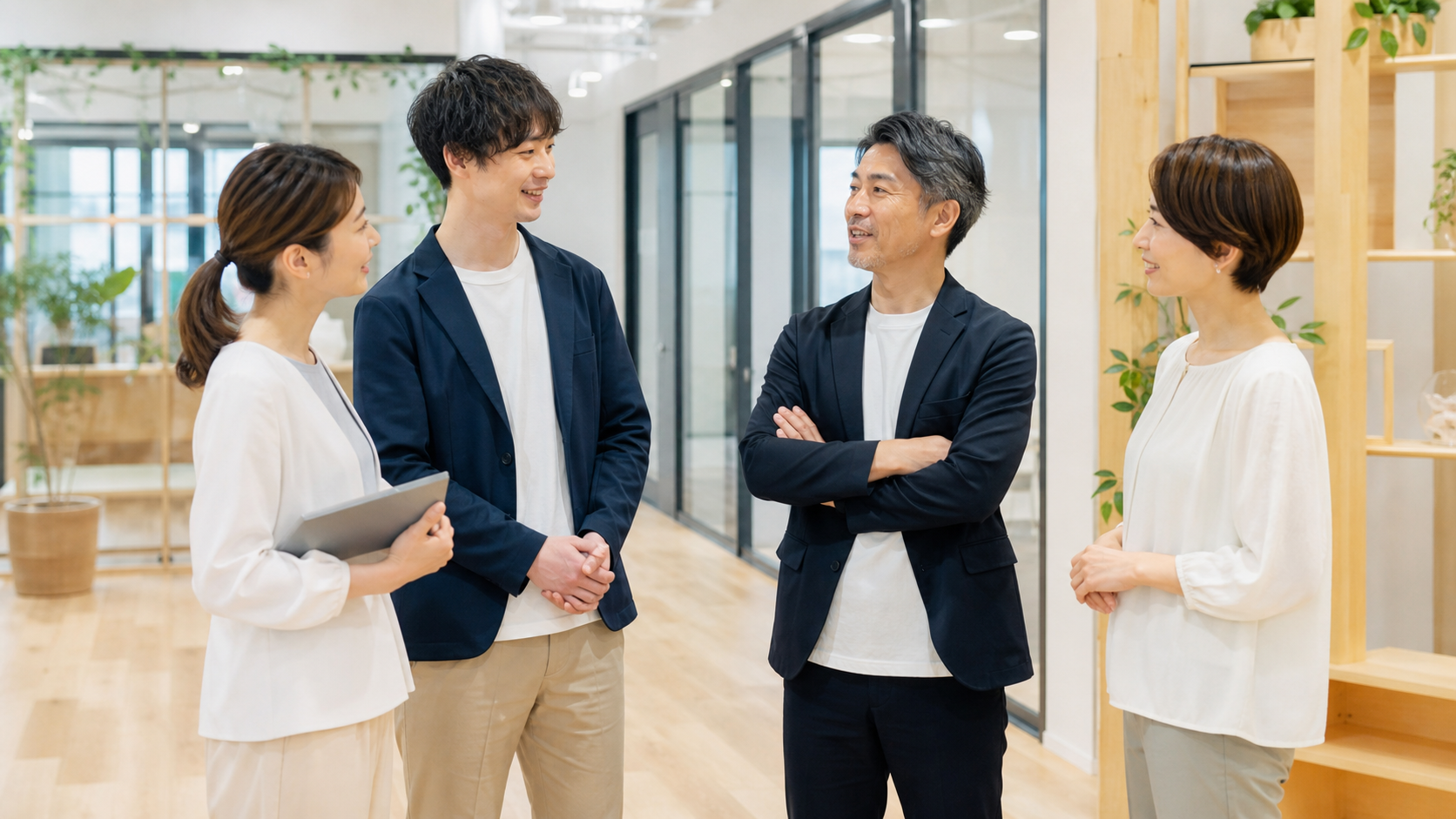 明るいオフィスで人材のつながりを相談する経営者たち(生成イメージ)