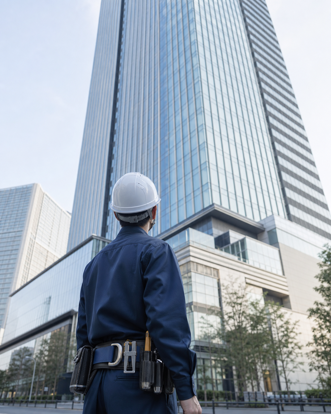 高層ビルを見上げる電気工事の作業員（生成イメージ）