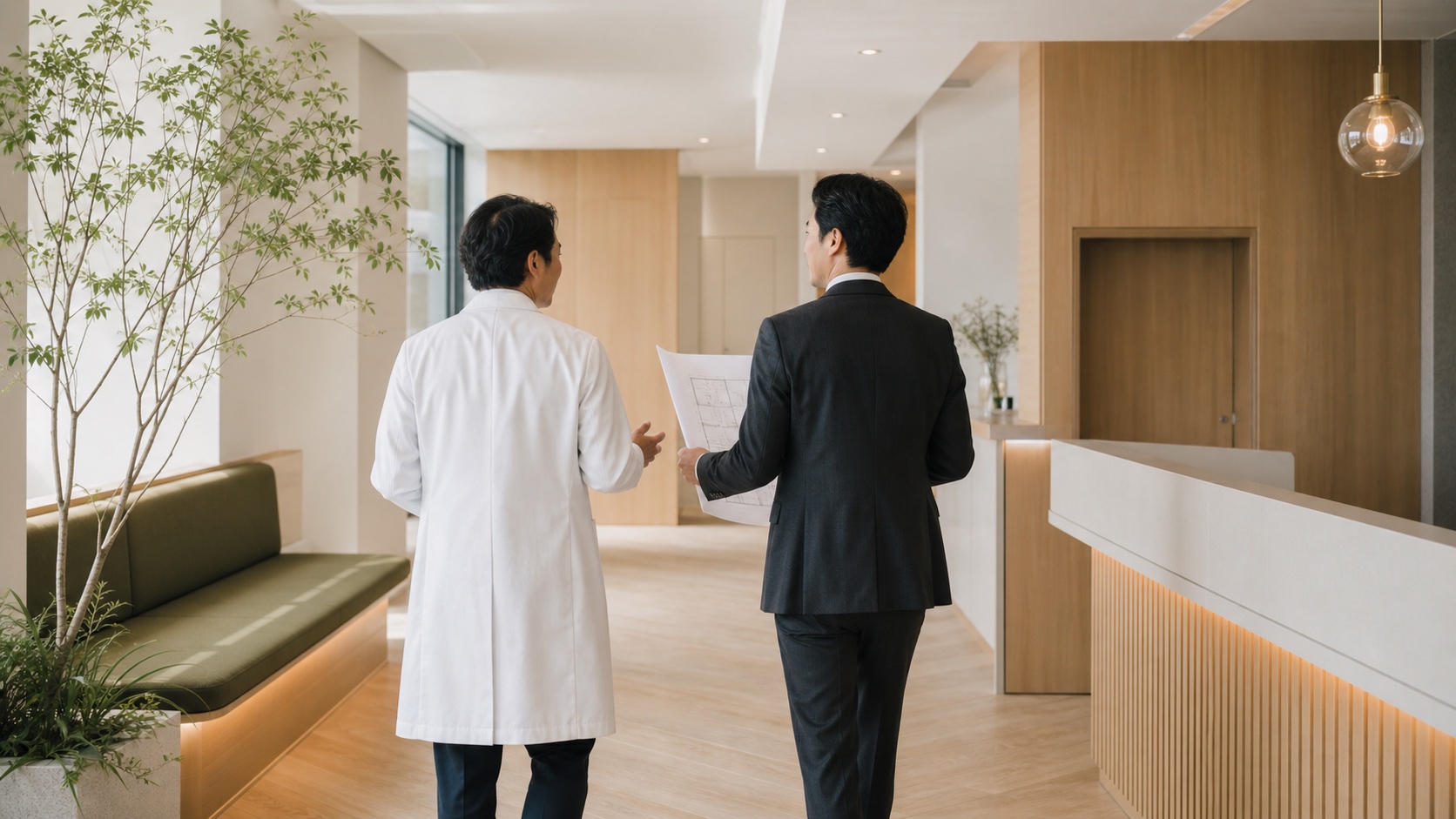 クリニック内を確認する医師と開業支援者（生成イメージ）
