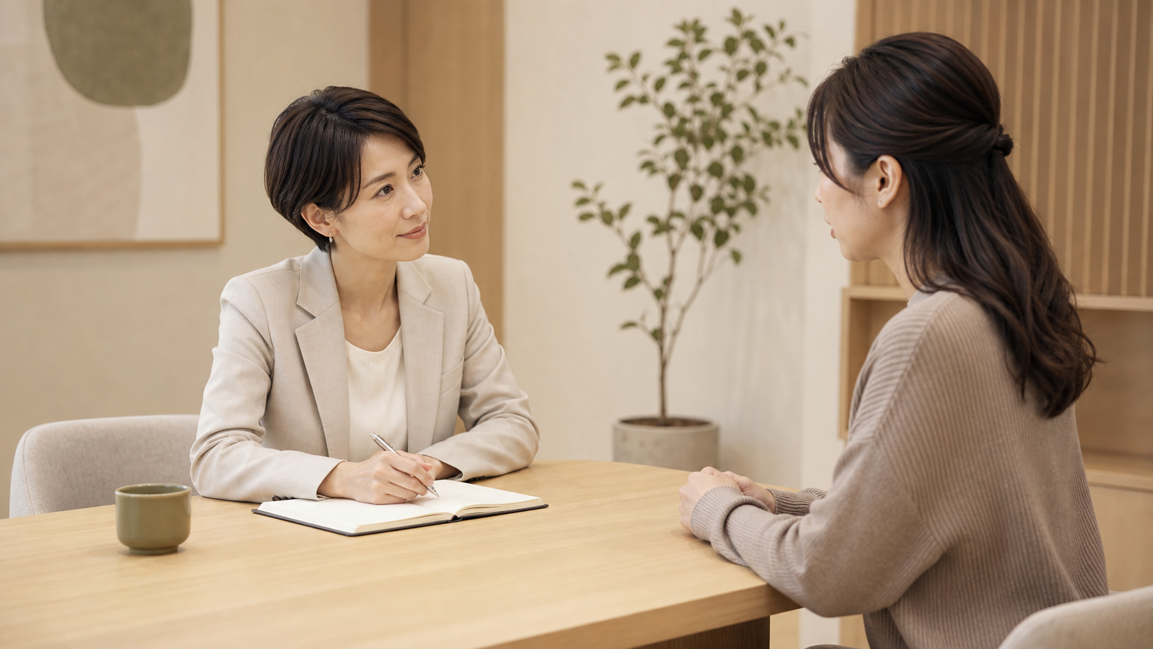 対話を通じてこれからのキャリアを整理する相談風景（生成イメージ）