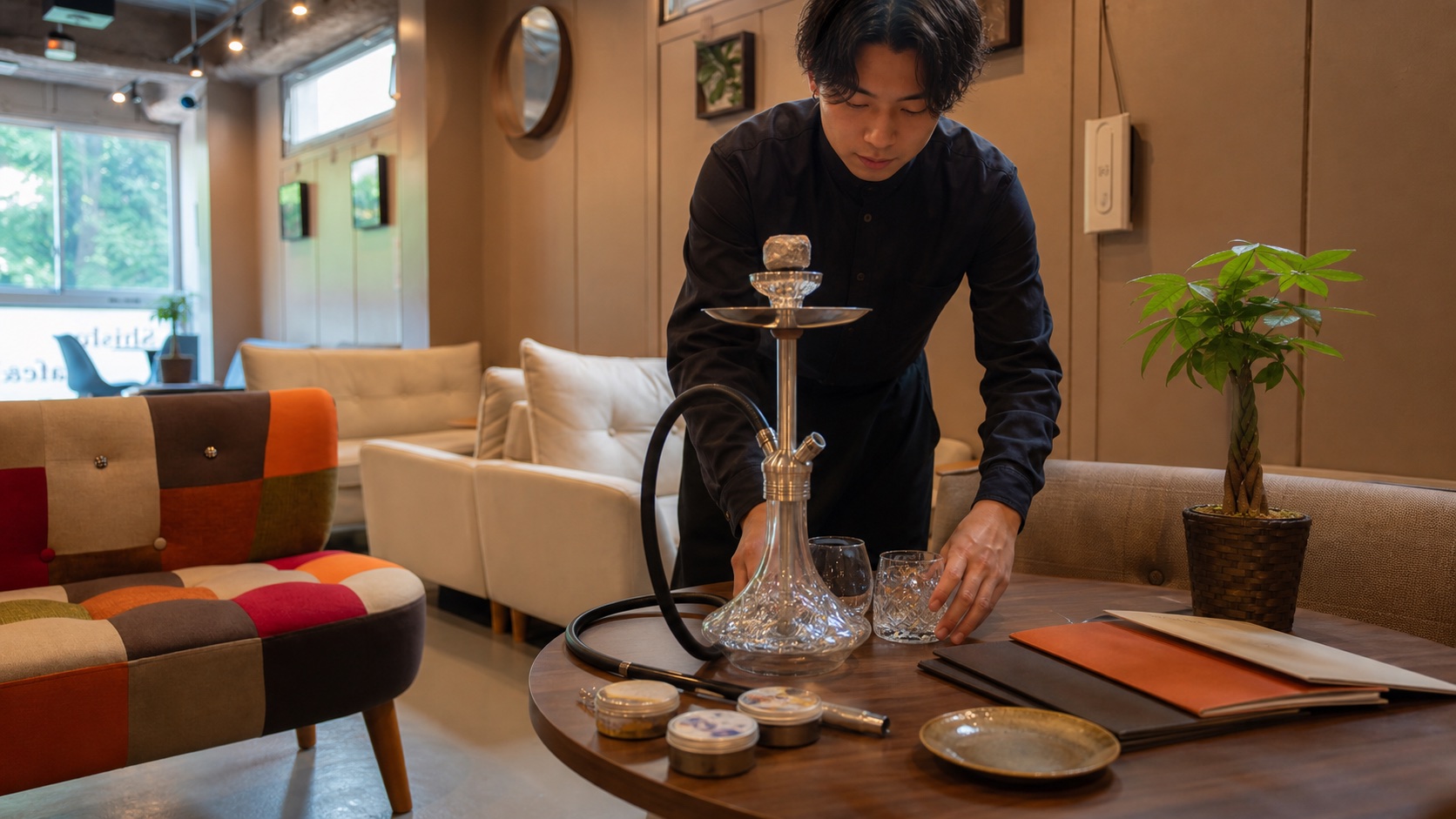 店内でシーシャとテーブルを丁寧に準備するスタッフ（生成イメージ）